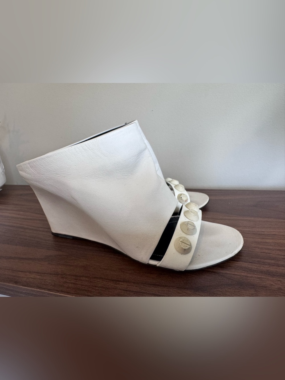 Balenciaga White Studded Leather Wedge Slide Size 6